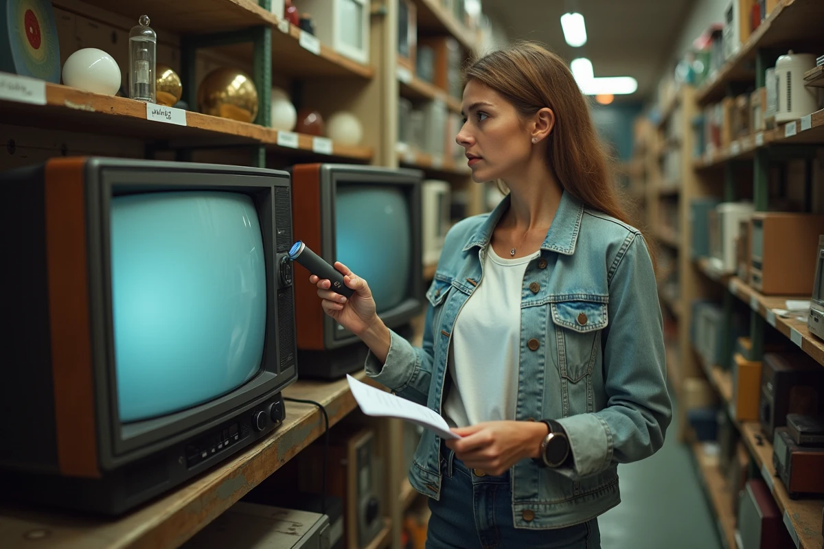 Femme comparant deux téléviseurs vintage dans une brocante, checklist en main pour éviter les erreurs d'achat