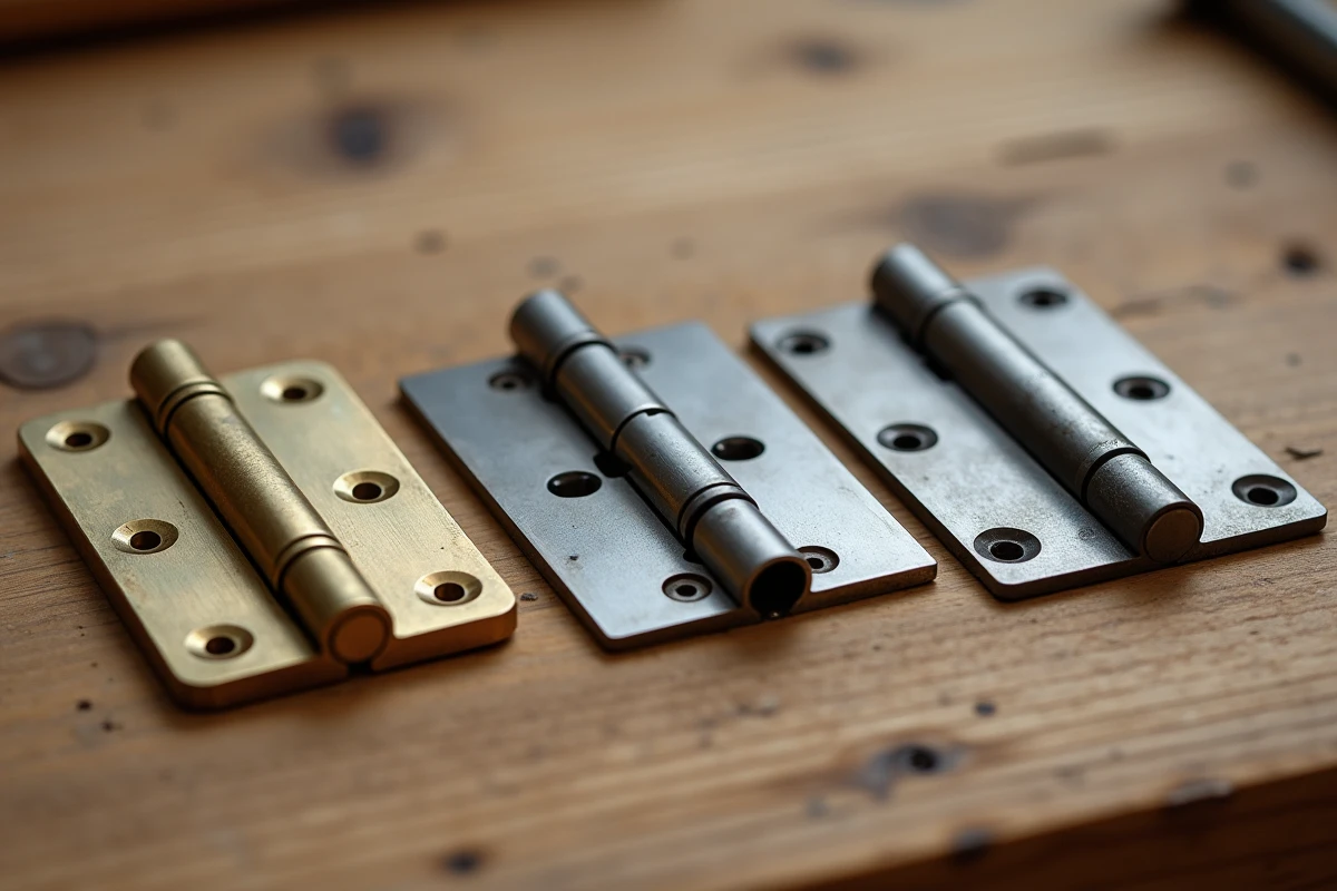 Comparaison de trois types de gonds pour porte : laiton, inox et piano, posés sur un établi en bois