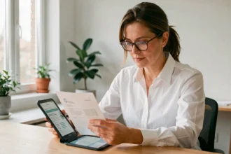 Femme professionnelle analysant le tarif d'une application mobile sur une tablette dans un bureau moderne