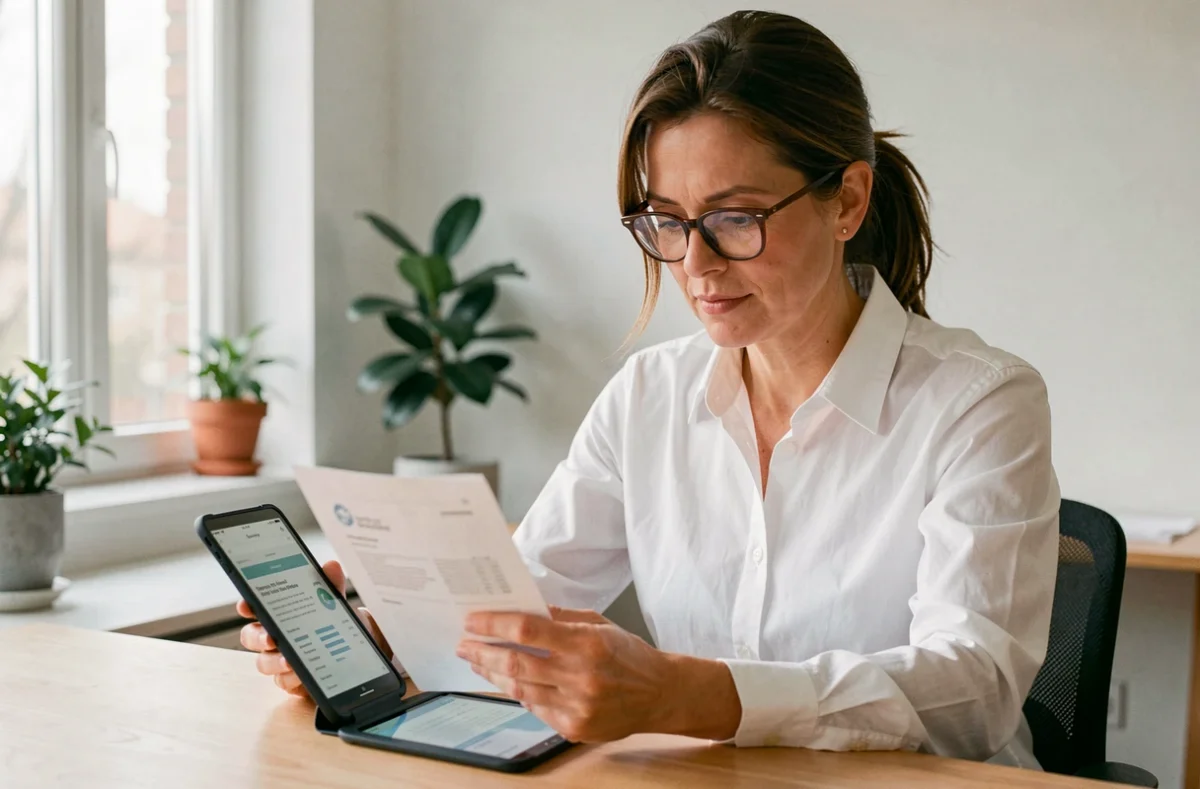 Femme professionnelle analysant le tarif d'une application mobile sur une tablette dans un bureau moderne