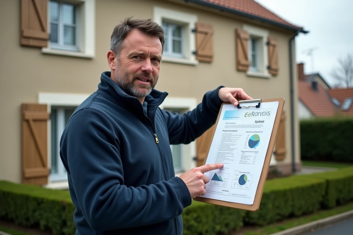 Conseiller en rénovation énergétique présentant une étiquette DPE devant une maison résidentielle