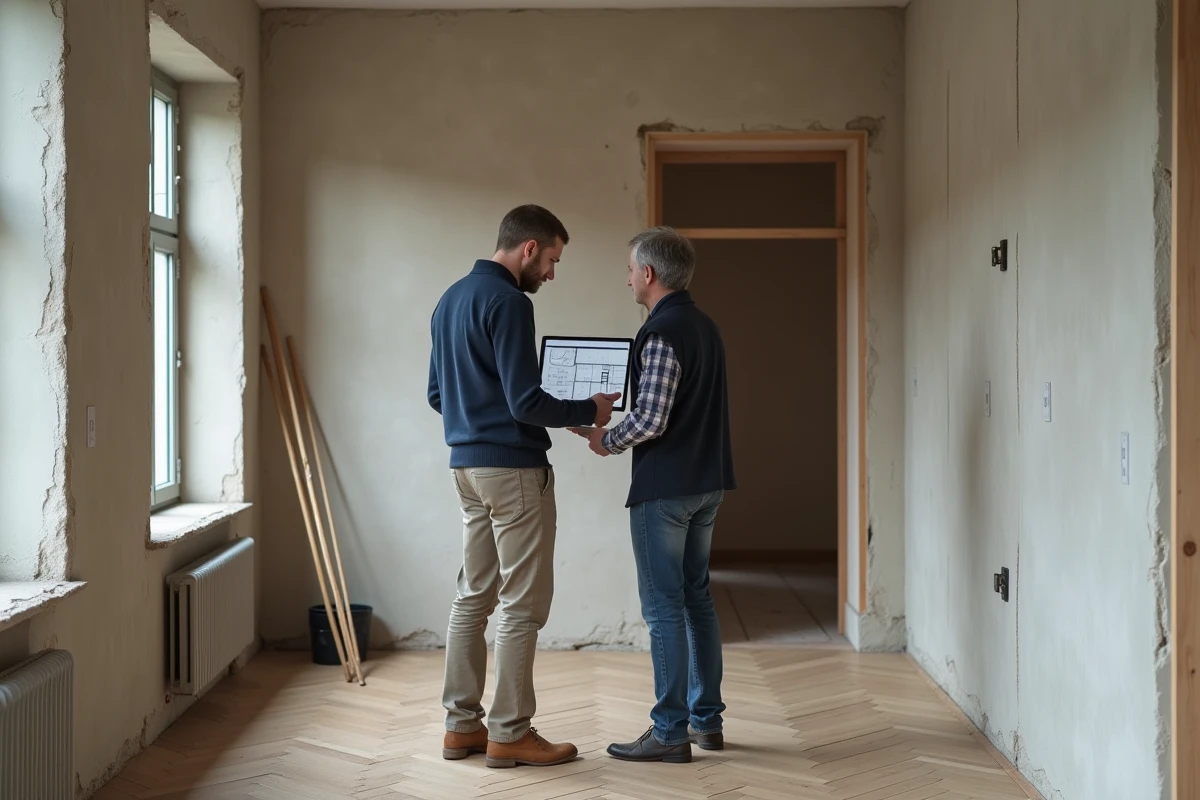 Consultant en décoration intérieure accompagnant un client lors d'une rénovation de salon avec une tablette affichant des plans d'aménagement