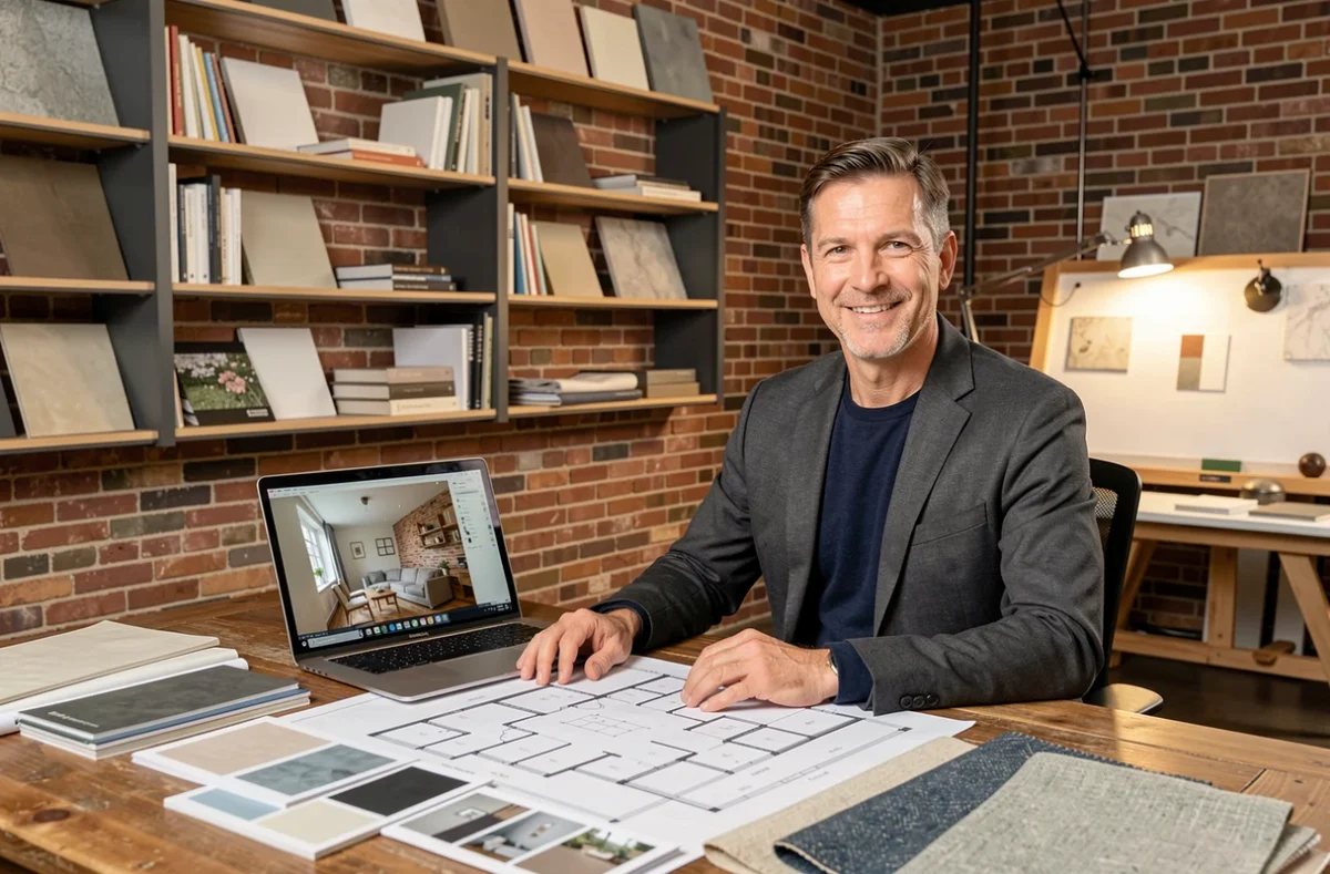 Consultant en décoration intérieure travaillant sur des plans d'aménagement dans un studio de design contemporain