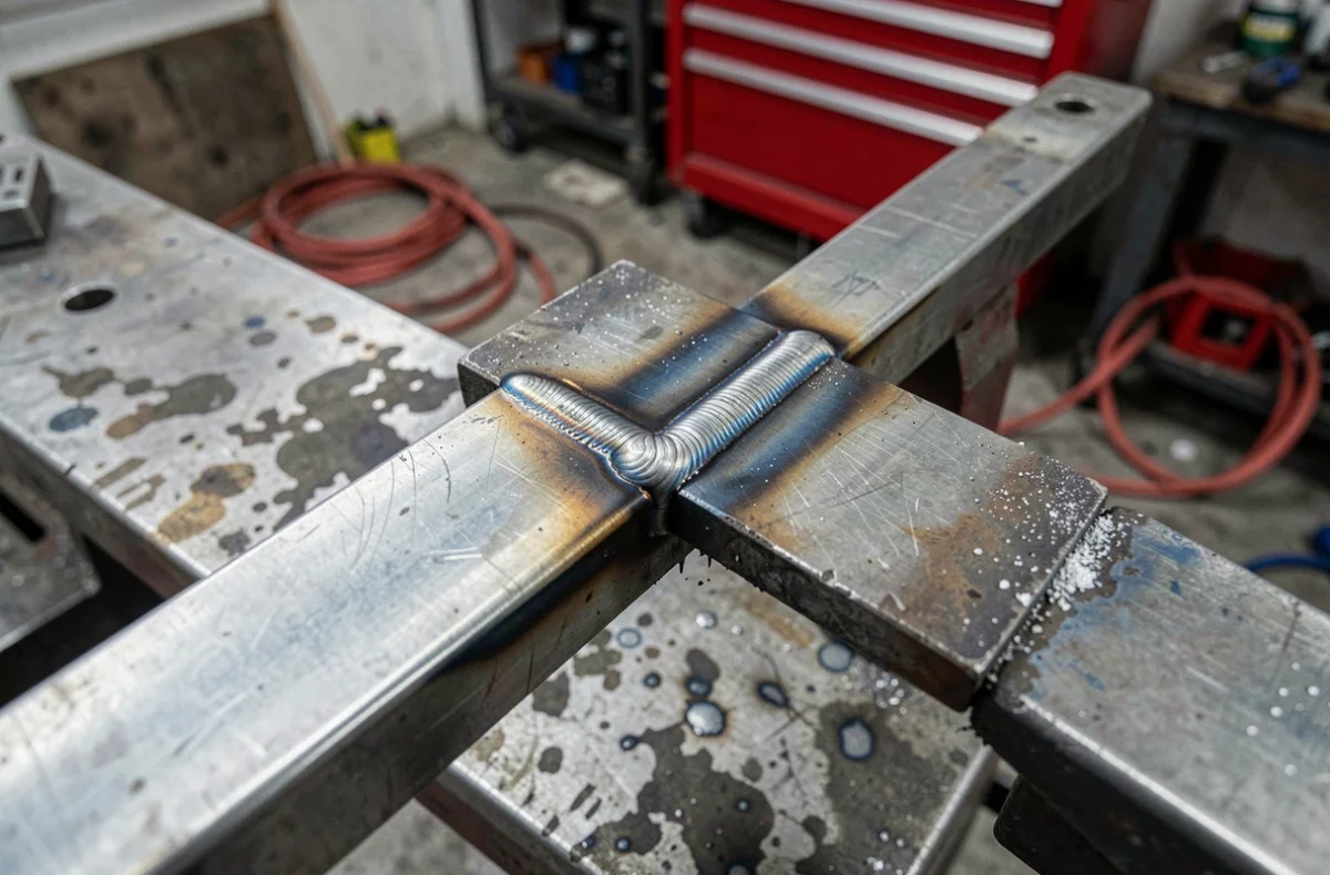 Gros plan sur un cordon de soudure sur tôle fine avec décoloration thermique visible