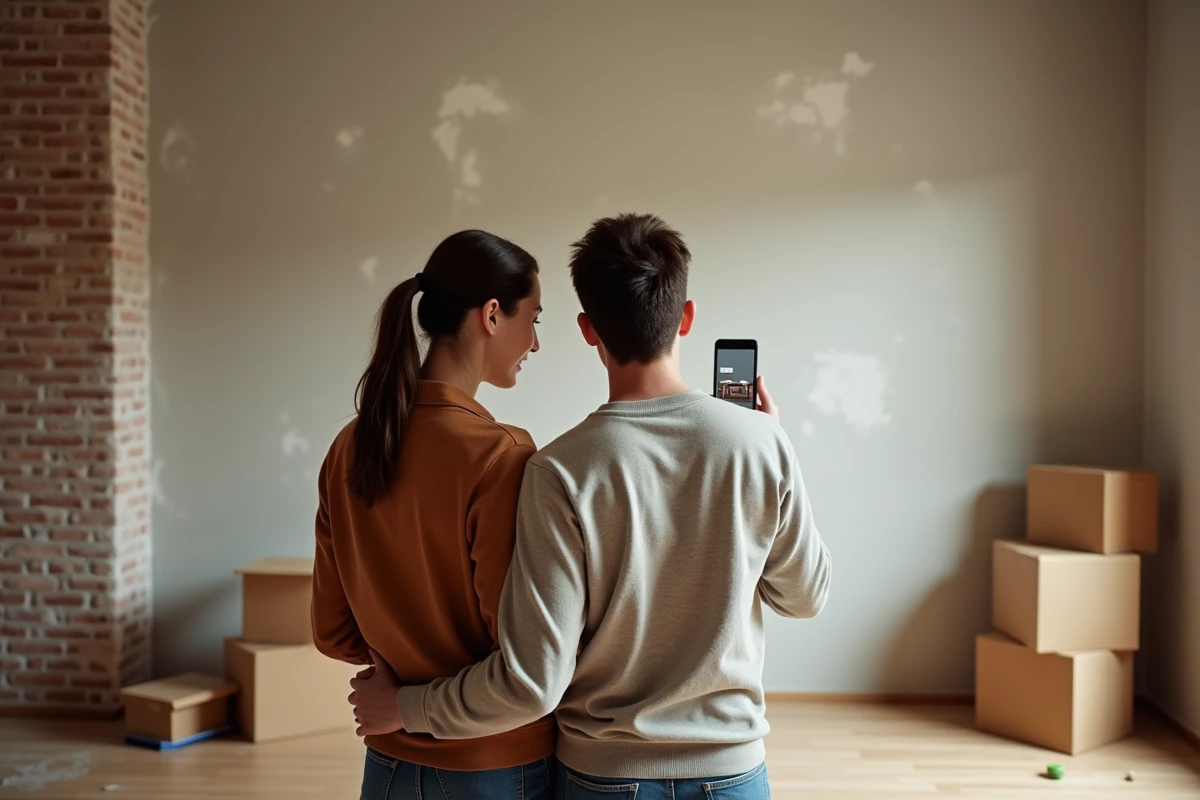 Couple visualisant la décoration de leur futur intérieur grâce à une application sur smartphone lors de travaux de rénovation