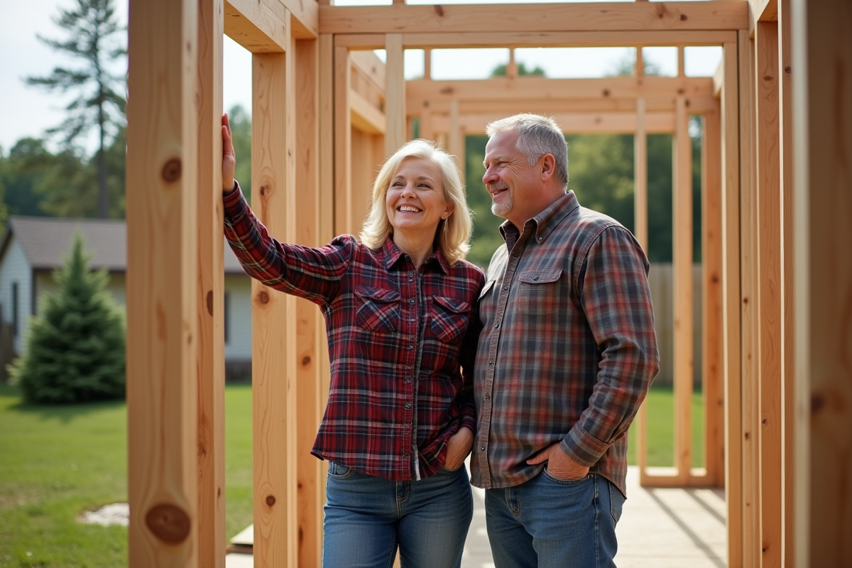 Couple américain souriant devant une maison en construction en bois