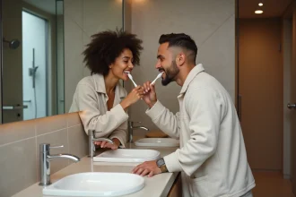 Couple en loungewear se brossant les dents dans une salle de bain moderne