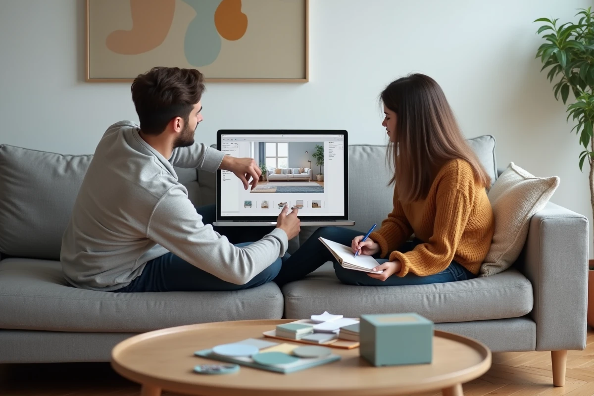 Couple comparant deux outils de simulation de décoration intérieure sur ordinateur portable dans un salon scandinave