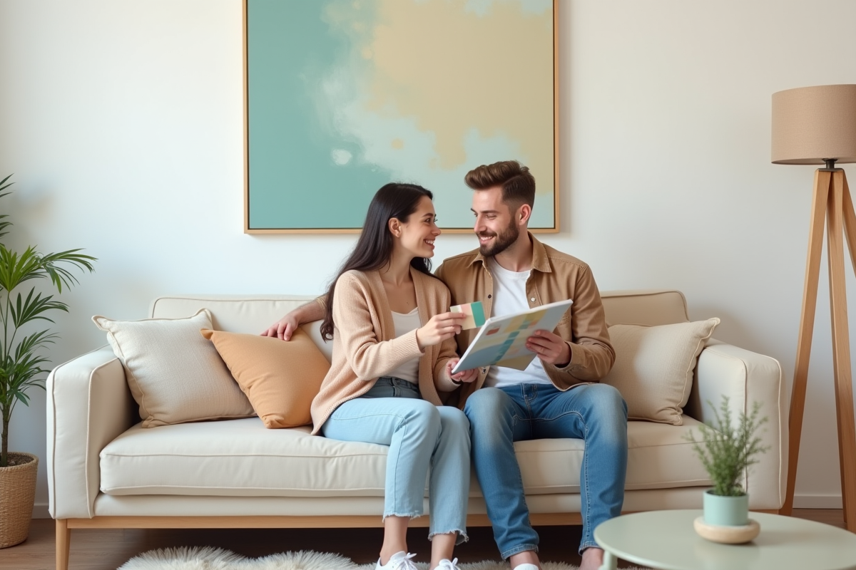 Jeune couple discutant échantillons de peinture dans salon