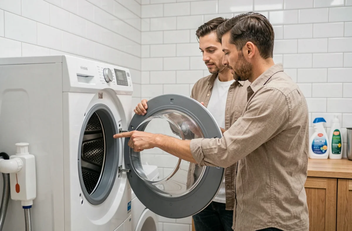Couple inspectant le tambour d'un lave-linge Valberg pour vérifier la capacité avant l'achat