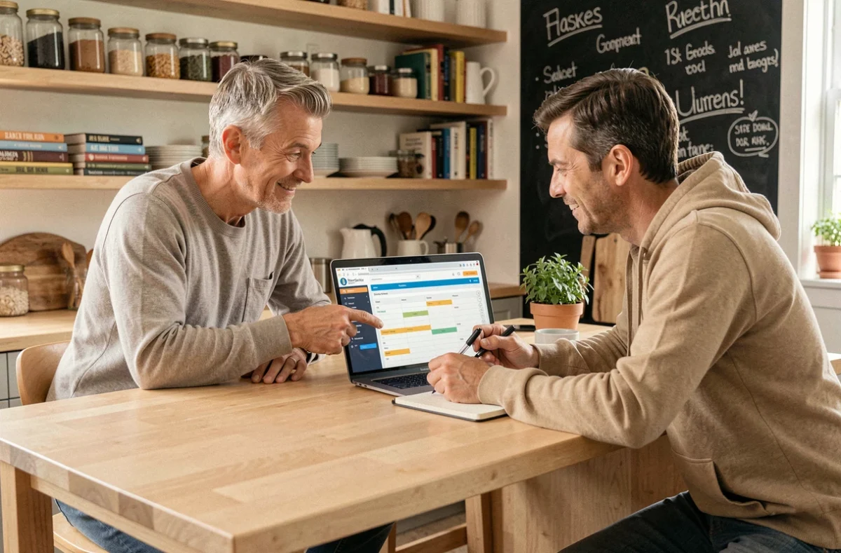 Couple planifiant les tâches ménagères ensemble avec un outil de gestion du quotidien sur ordinateur portable