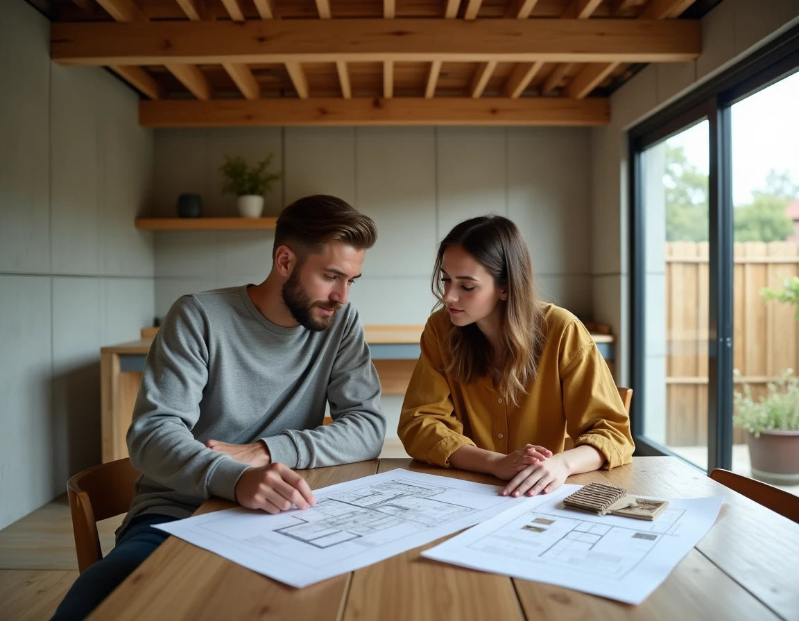 Couple étudiant les plans d'une maison modulaire écologique à l'intérieur d'un espace en construction avec matériaux naturels