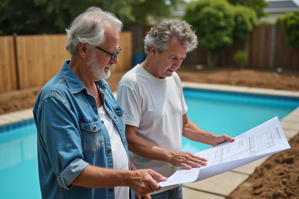 Couple planifiant leur piscine dans le jardin