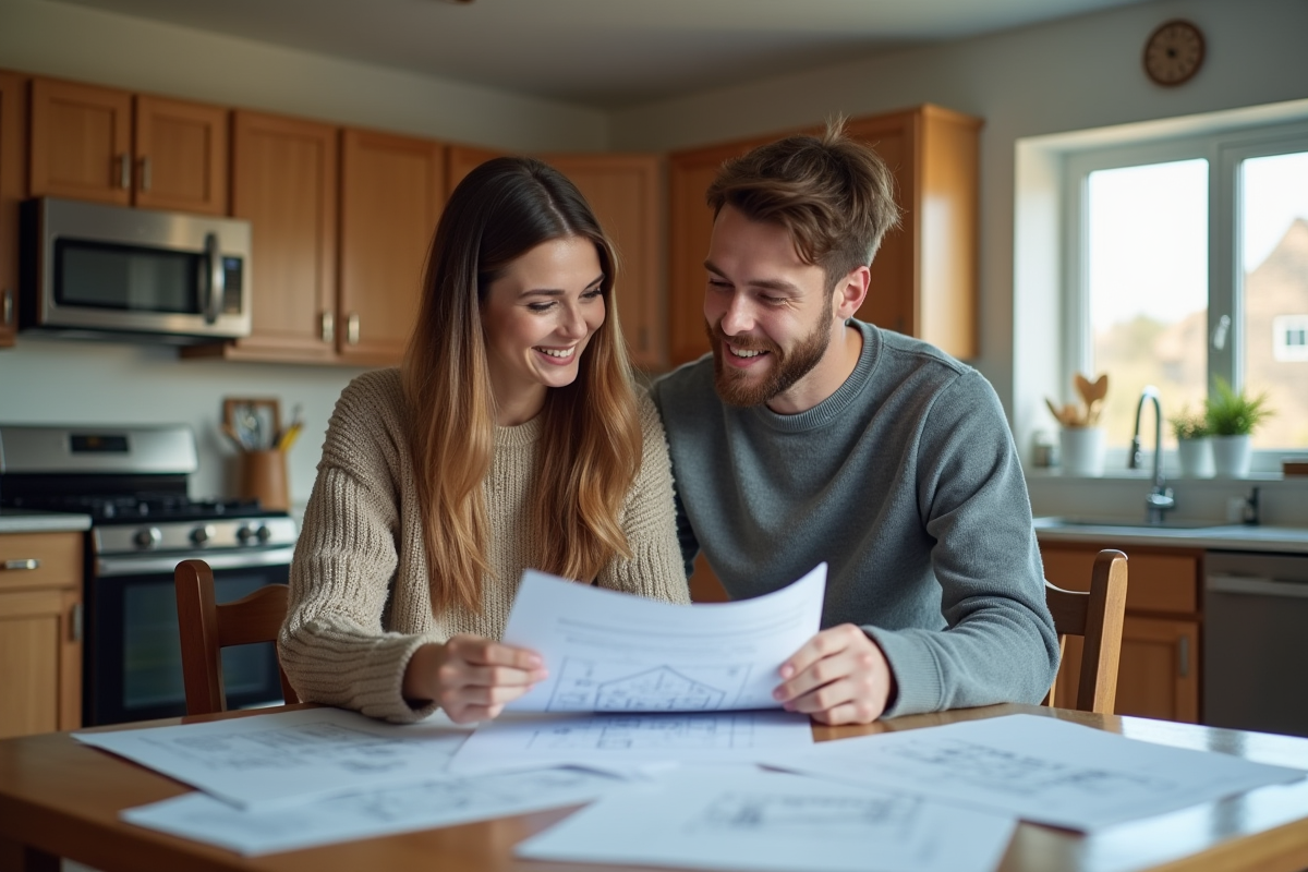 Jeune couple regardant des plans de maison dans la cuisine