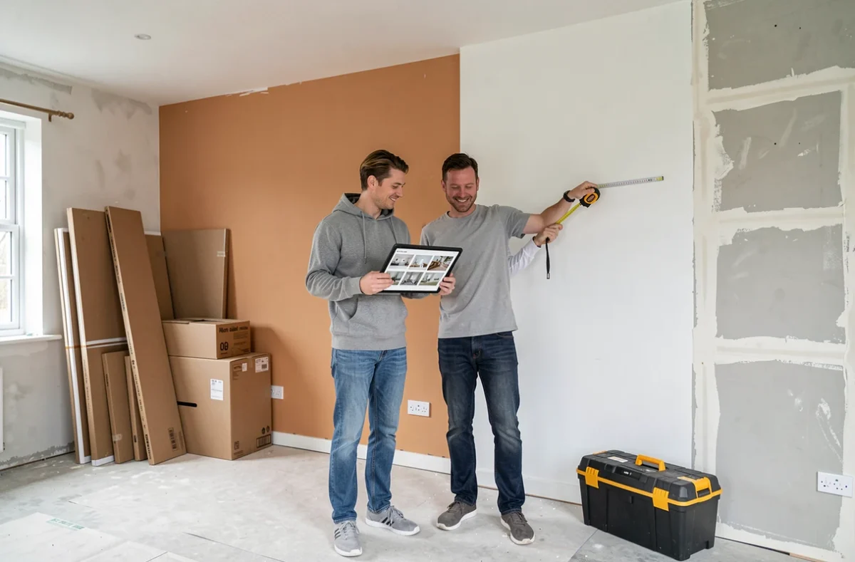 Couple mesurant et planifiant la rénovation de leur salon dans une maison en cours d'aménagement
