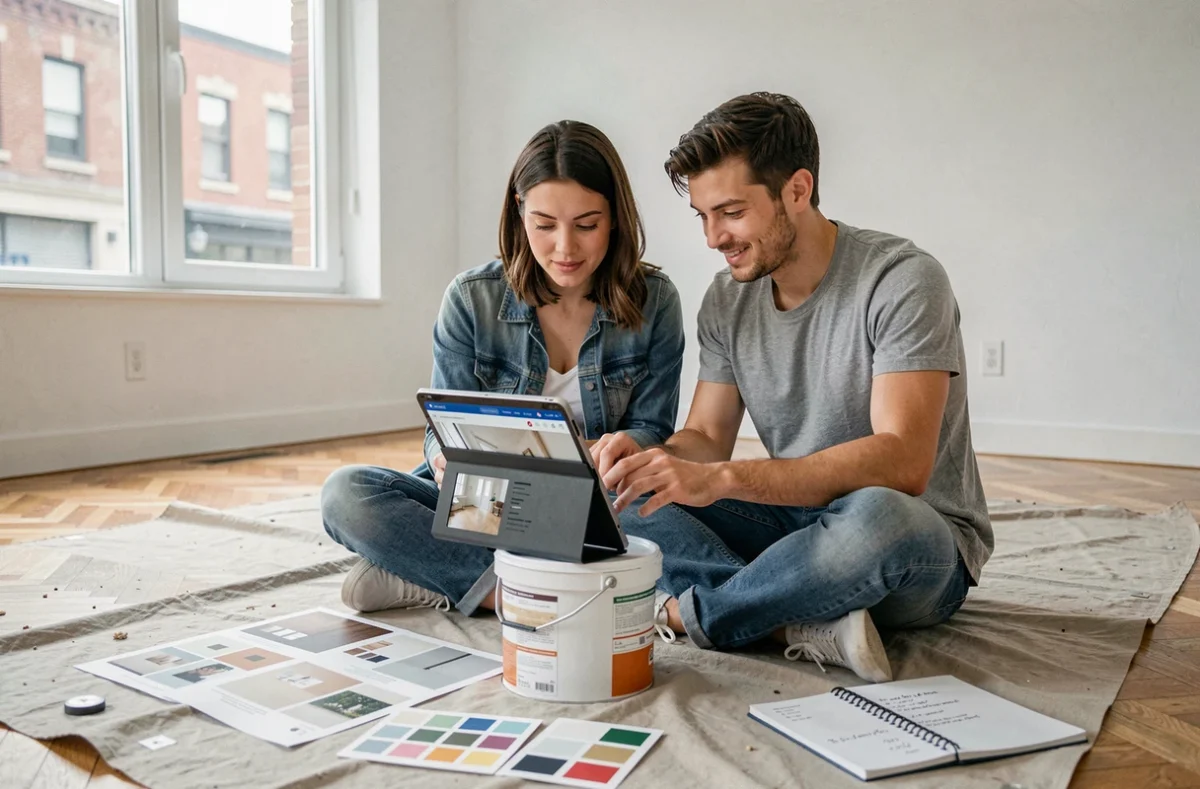 Couple parcourant un site de décoration intérieure sur tablette dans leur nouvel appartement vide
