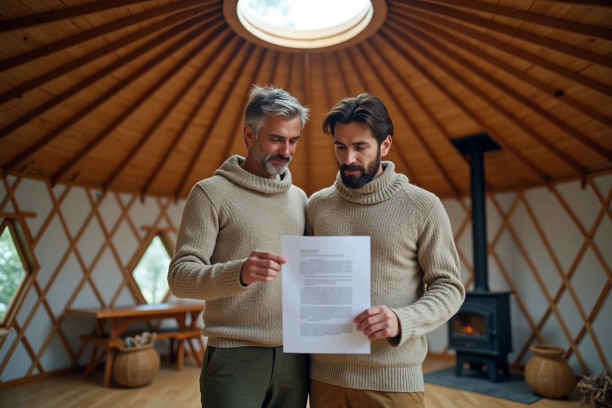 Couple examinant un contrat d'achat à l'intérieur d'une yourte montée avec poêle à bois et revêtements en feutre
