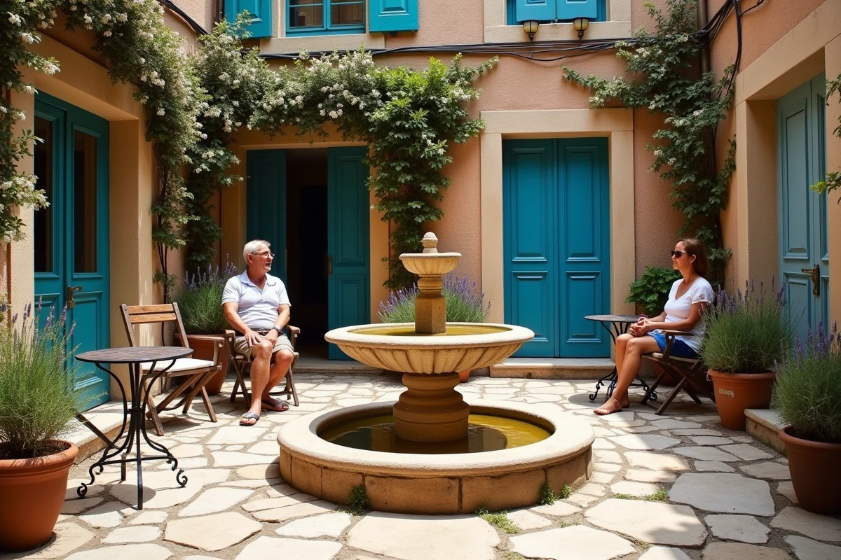 Cour intérieure rustique provençale de À La Porte Bleu avec fontaine en pierre et visiteurs assis autour de tables en fer forgé
