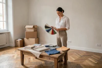 Décoratrice d'intérieur professionnelle consultant des échantillons de tissus dans un appartement parisien en cours de rénovation