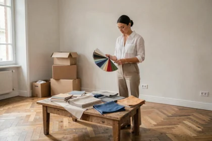 Décoratrice d'intérieur professionnelle consultant des échantillons de tissus dans un appartement parisien en cours de rénovation