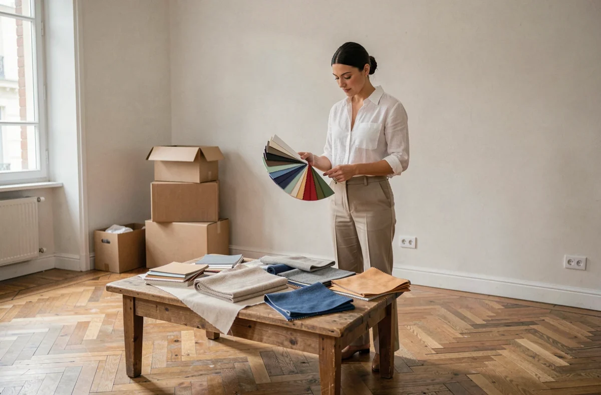 Décoratrice d'intérieur professionnelle consultant des échantillons de tissus dans un appartement parisien en cours de rénovation