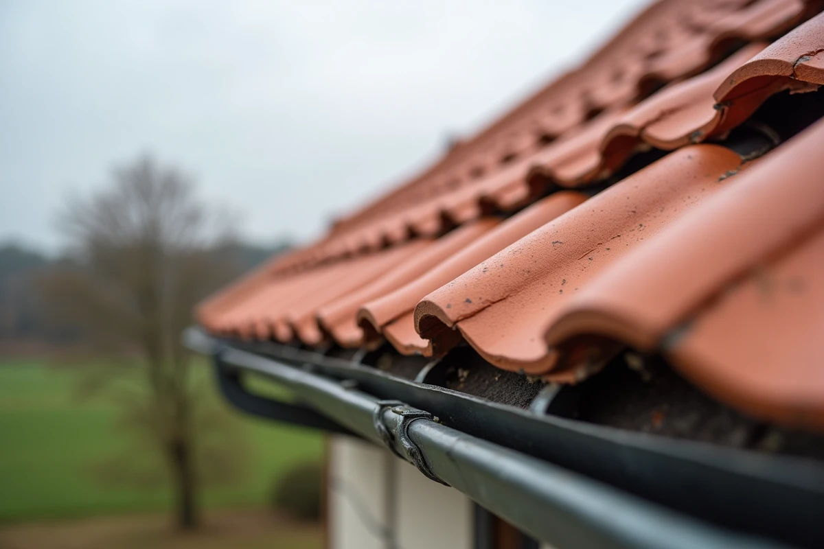 Détail d'une toiture en tuiles de terre cuite neuves avec faîtage et gouttière en zinc sur maison individuelle