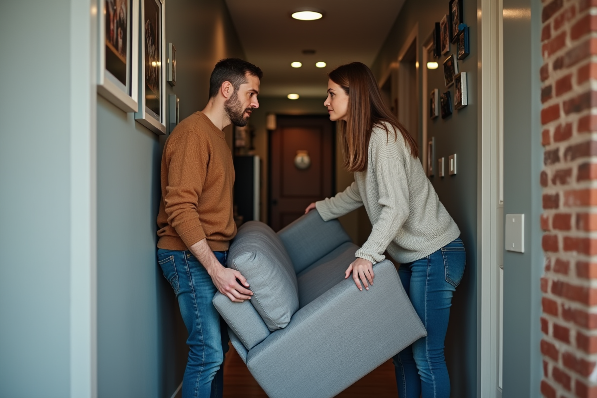 Un couple manœuvre un canapé dans un couloir urbain