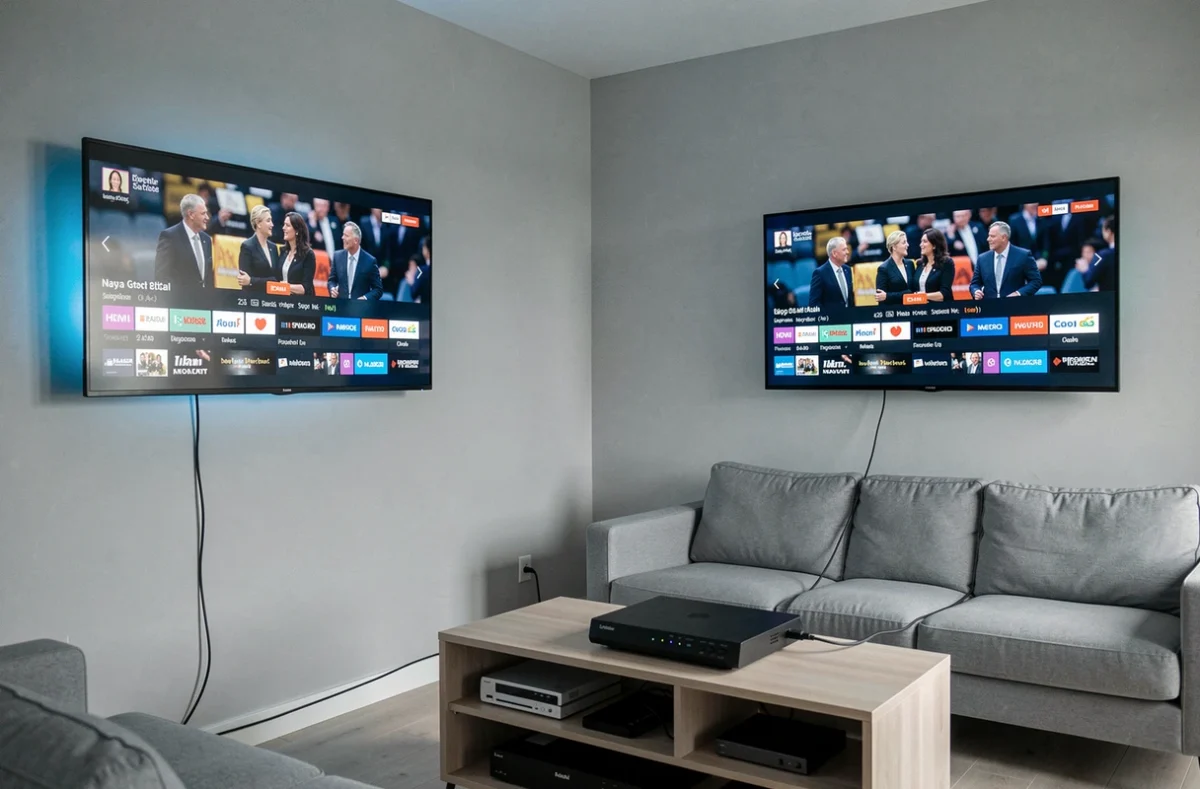 Deux téléviseurs affichant le même programme dans un salon moderne reliés à un seul décodeur via un splitter HDMI visible au centre