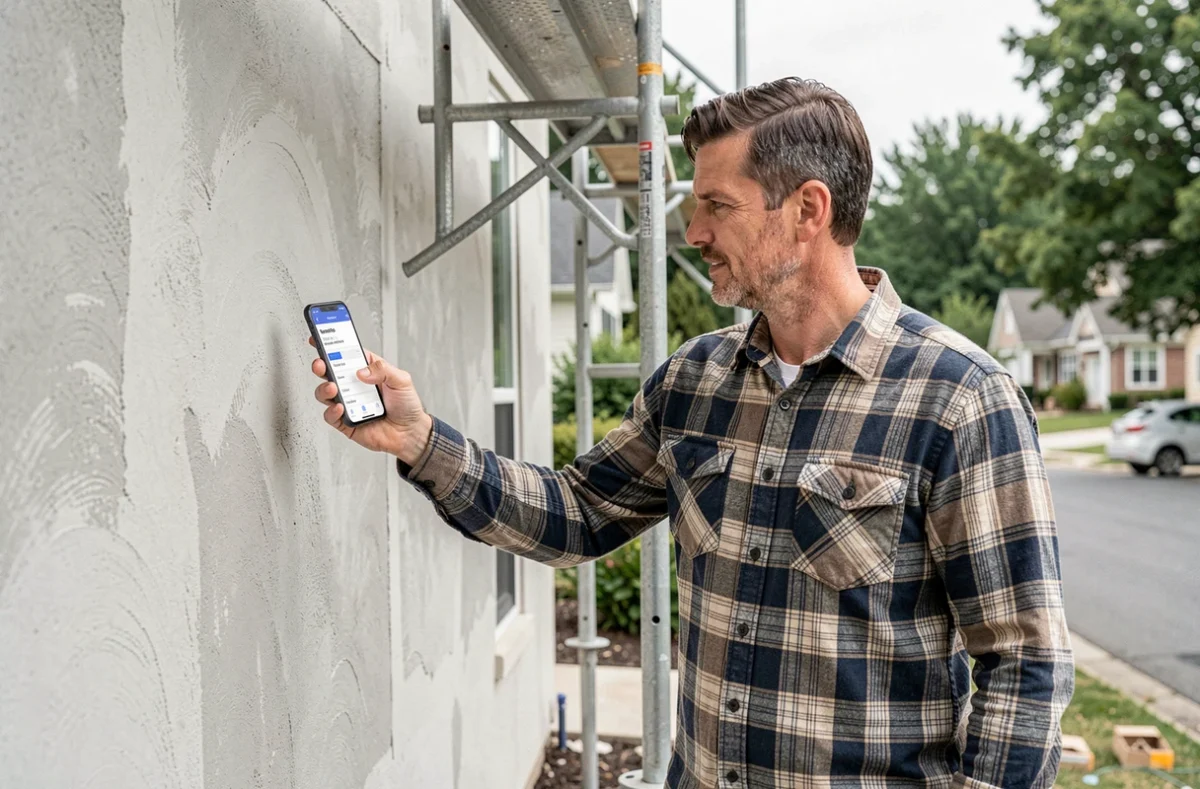 Propriétaire consultant un devis d'artisan sur smartphone devant une façade de maison en rénovation extérieure