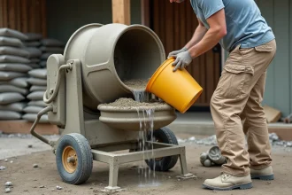 Ouvrier versant de l'eau dans une bétonnière pour un dosage béton 350 kg avec sable et gravier