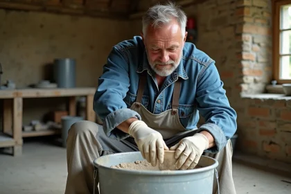 Artisan mélangeant du mortier de chaux aérienne et de sable dans un seau métallique, dosage à la main en atelier de pierre traditionnelle