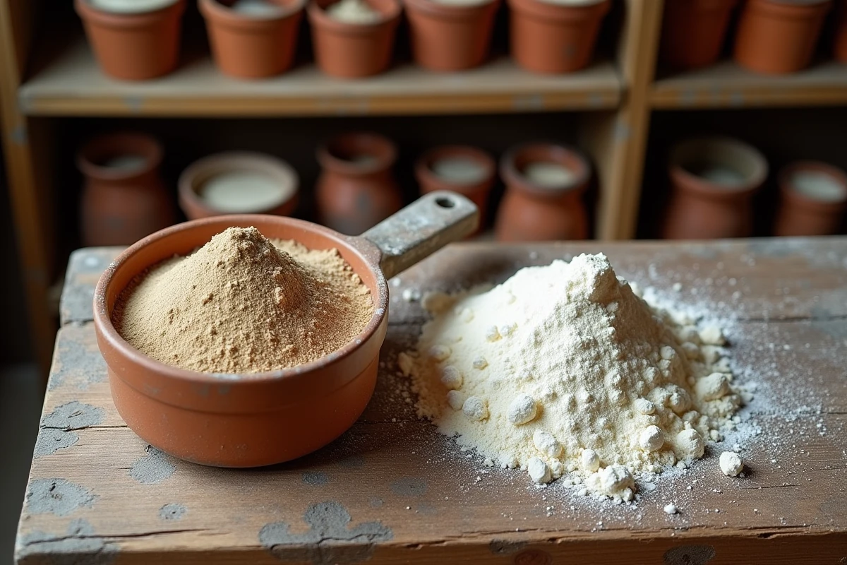 Dosage proportionnel de chaux aérienne et de sable pour réaliser un joint à la chaux, vue de dessus en atelier de maçonnerie traditionnelle