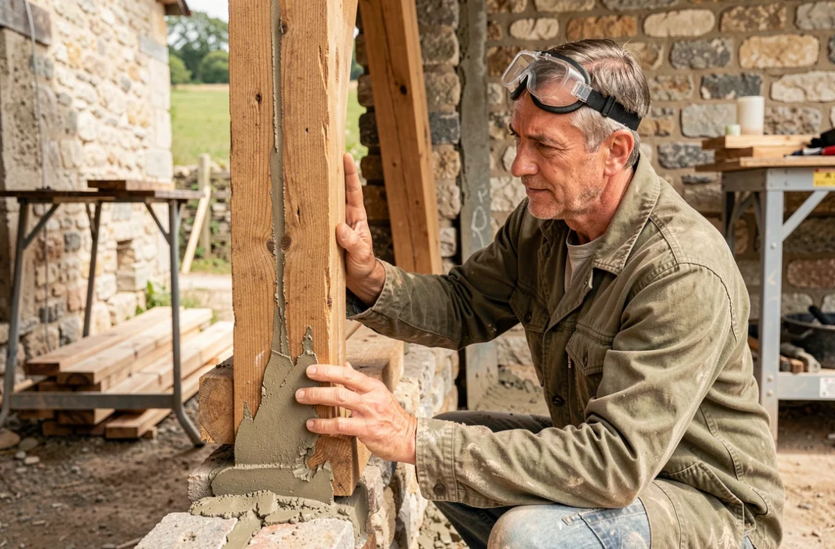 Artisan de Du Bâti au Bois intégrant une structure en bois dans une construction en pierre à Castagnac
