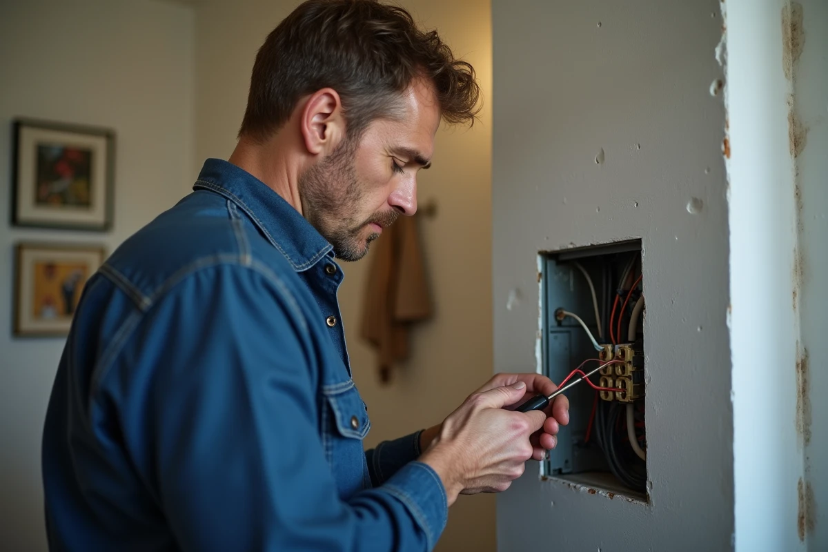 Homme moyenâgeux examine un raccord électrique dans un appartement
