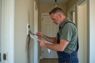 Homme en travaux connectant un interrupteur mural électrique