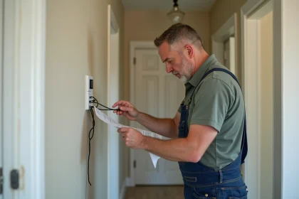 Homme en travaux connectant un interrupteur mural &eacute;lectrique