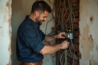 Électricien inspectant un réseau de câbles électriques entremêlés dans une cloison ouverte lors d'une rénovation