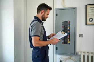 Électricien vérifiant un panneau électrique dans un appartement moderne
