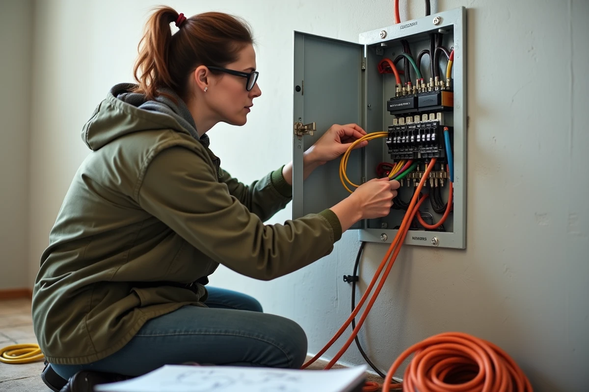 Électricienne organisant de nouveaux câbles dans un tableau électrique lors d'une rénovation appartement