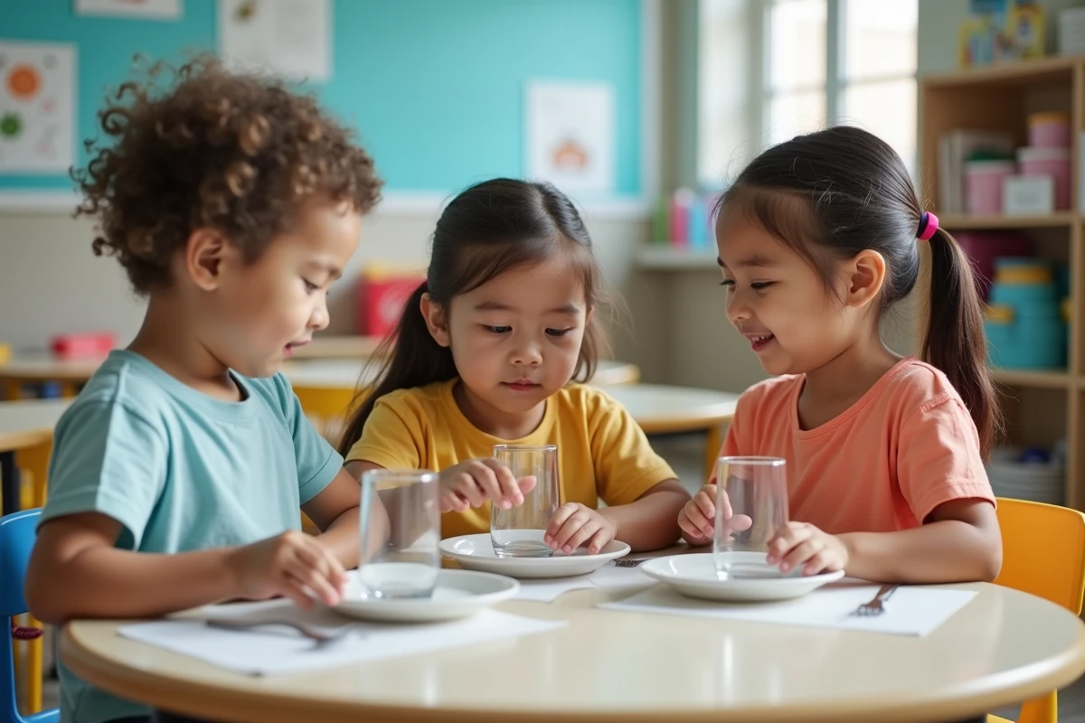 Groupe d'enfants apprenant à poser correctement un verre sur la table dans un cadre scolaire