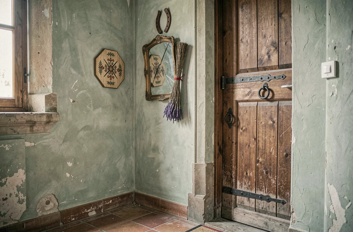 Couloir d'entrée traditionnel avec symboles protecteurs, fer à cheval et miroir fissuré au-dessus de la porte