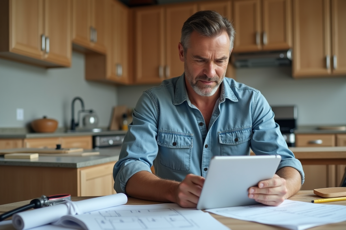 Hommes en chantier de cuisine examinant devis et plans