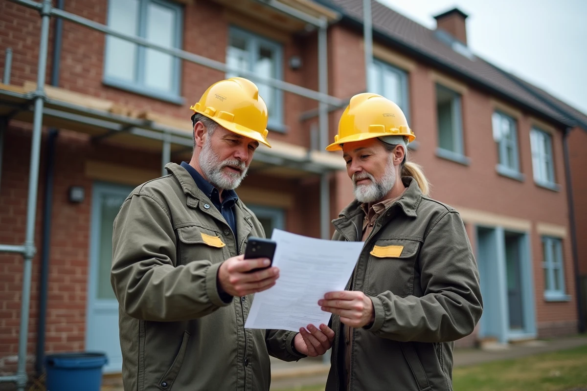 Deux entrepreneurs belges examinent et comparent des devis de rénovation devant une maison en travaux avec échafaudage