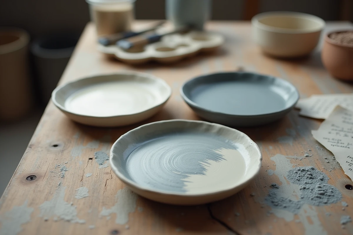 Trois assiettes céramiques en grès à différentes étapes de préparation de l'émail avant cuisson, présentées sur une table en bois d'atelier