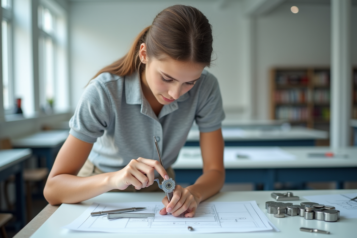 Jeune étudiante en laboratoire mesurant un barre en aluminium