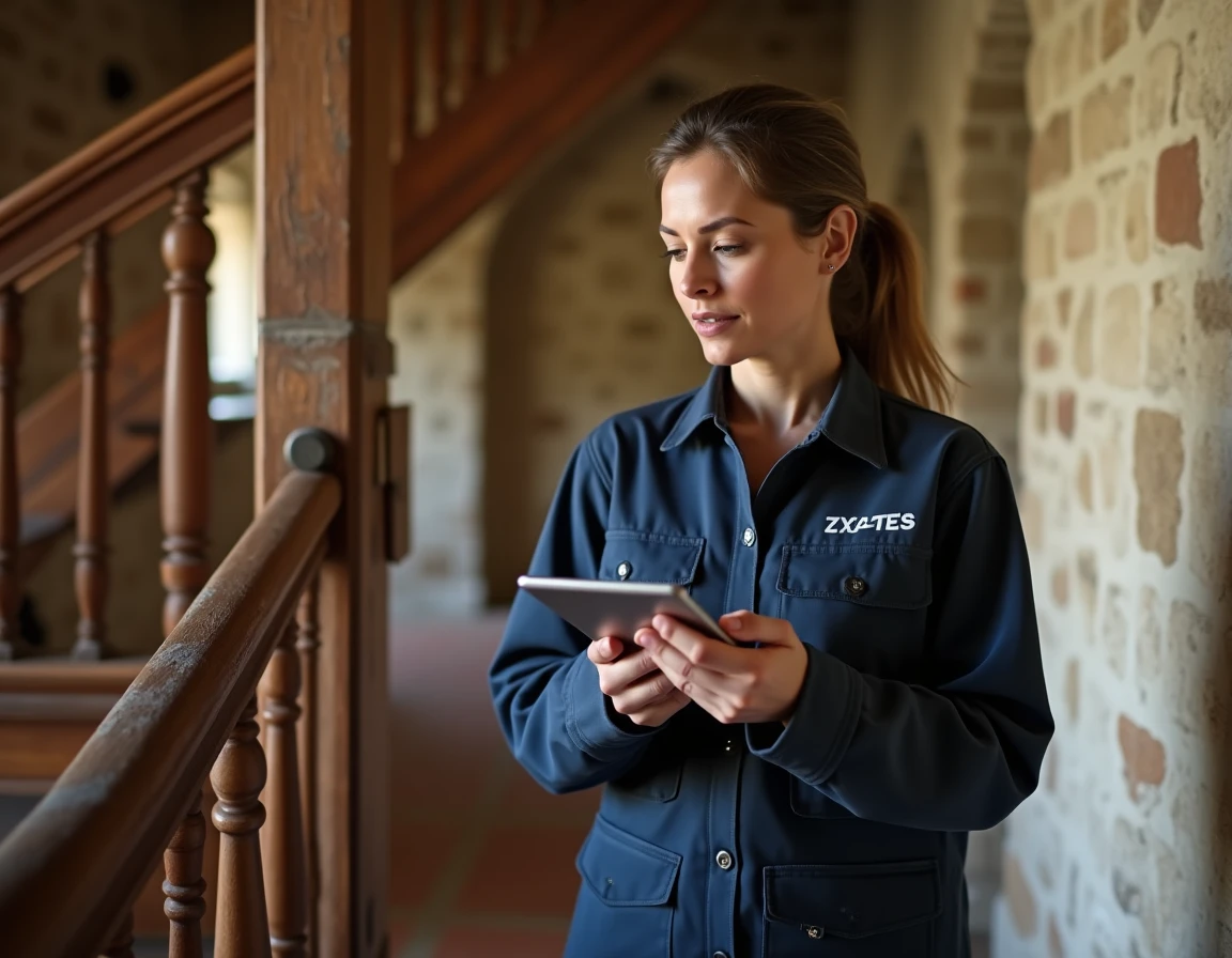 Experte en traitement de bois inspectant un escalier ancien dans une maison de campagne française