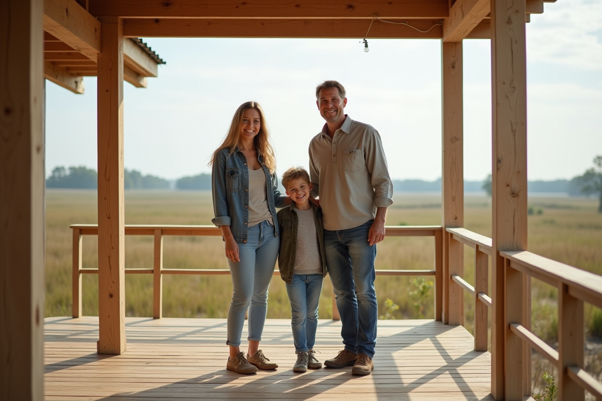Famille souriante sur la terrasse d