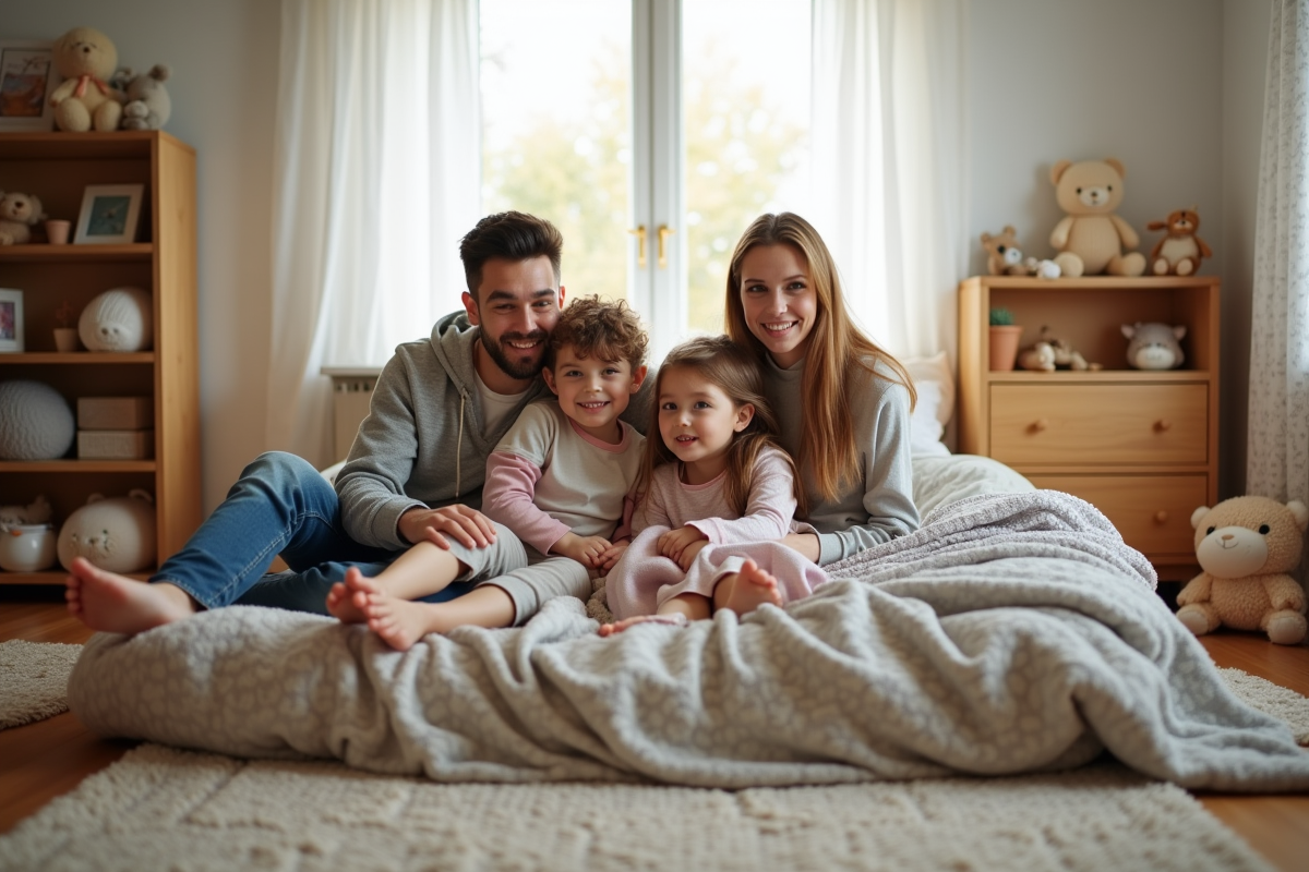 Famille relaxant ensemble dans une chambre lumineuse