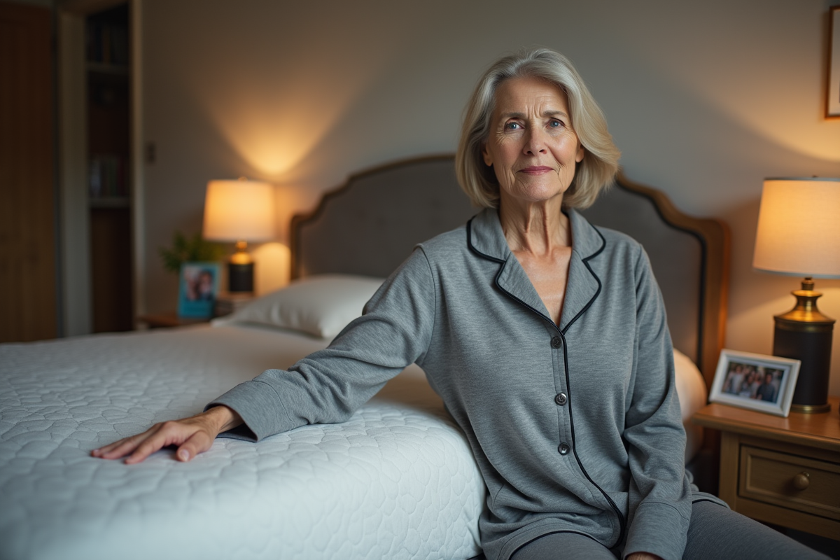Femme âgée assise sur un matelas dans une chambre chaleureuse