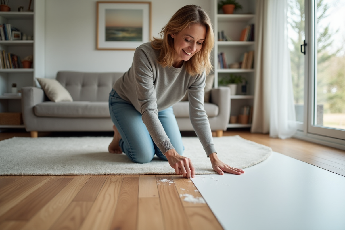 Femme appliquant de la colle sur un parquet dans un salon lumineux